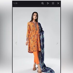 Orange Long Sleeve Dress with Blue Patterned Scarf